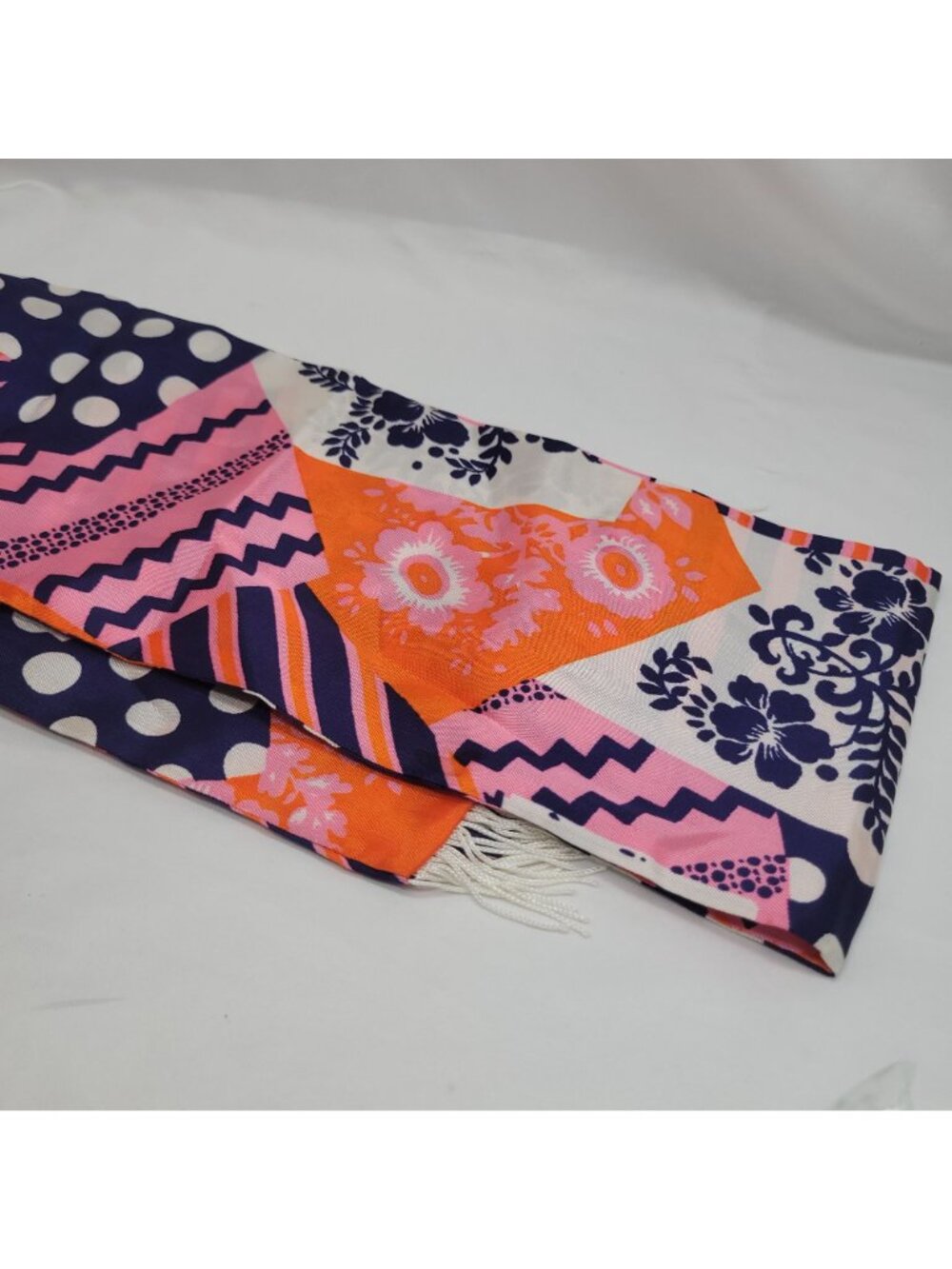 Vtg 60s Orange Purple Pink Patchwork Scarf Fringe Trim 64"x6" Groovy Retro Style - Picture 6 of 15